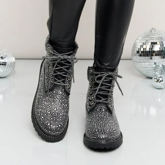 NWT Forever Link Rhinestone Lace-Up Combat Boots - Picture 2 of 3